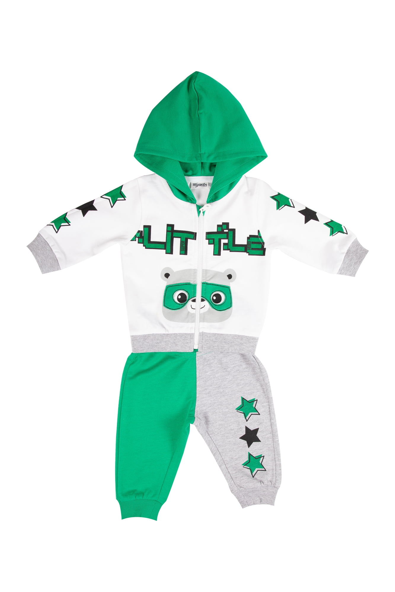 Tuta neonato bianca/verde con zip e cappuccio - Pantalone grigio e verde